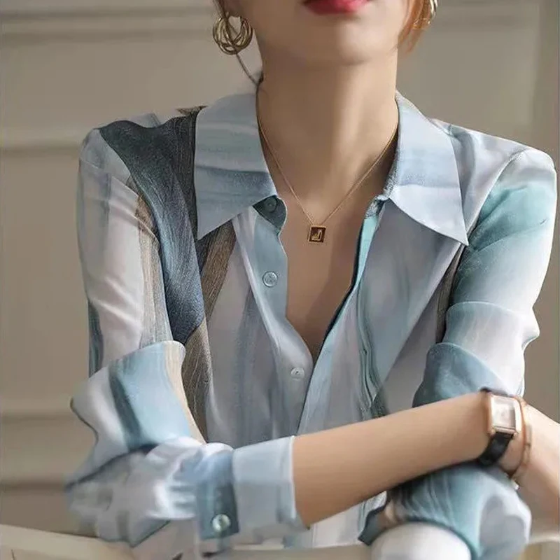 Рубашка на пуговицах, женская Элегантная блузка с винтажным принтом, Шикарная Роскошная Дизайнерская одежда, Корейская мода, топы с длинными рукавами, лето 2023 . ' - ' . 4