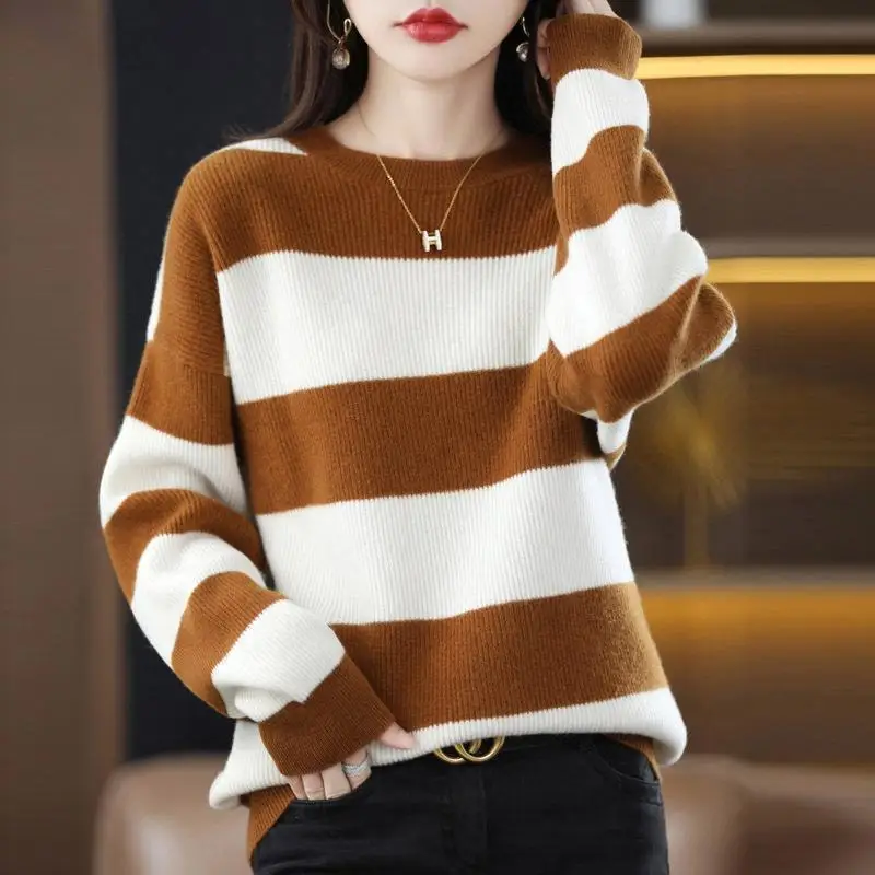 Универсальные свитера в полоску с круглым вырезом, Осенне-зимние повседневные свободные джемперы в корейском стиле с блокировкой цвета, Модная женская одежда 2023 . ' - ' . 4