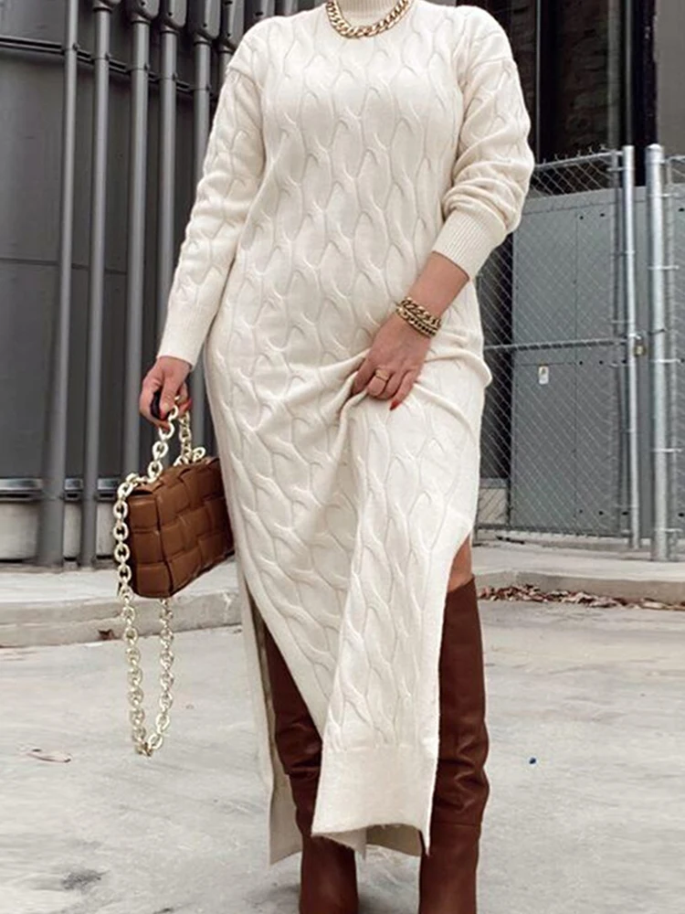 Белое вязаное платье, Женская Длинная и элегантная одежда больших размеров, платья-свитера для женщин, плотное зимнее платье, оптовая продажа, прямая поставка . ' - ' . 5