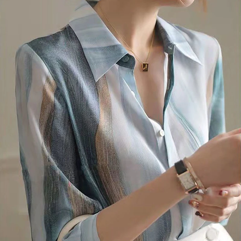 Рубашка на пуговицах, женская Элегантная блузка с винтажным принтом, Шикарная Роскошная Дизайнерская одежда, Корейская мода, топы с длинными рукавами, лето 2023 . ' - ' . 5
